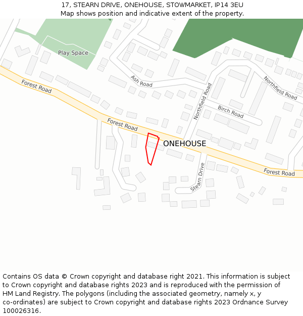 17, STEARN DRIVE, ONEHOUSE, STOWMARKET, IP14 3EU: Location map and indicative extent of plot