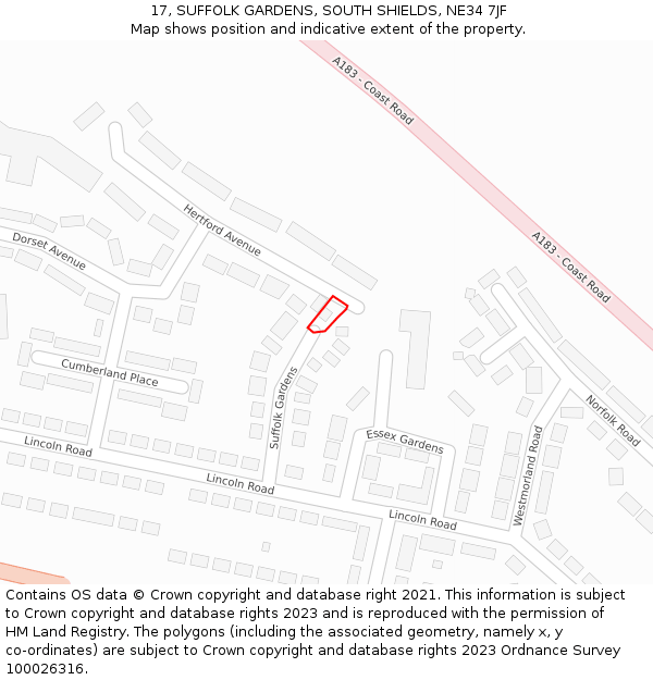 17, SUFFOLK GARDENS, SOUTH SHIELDS, NE34 7JF: Location map and indicative extent of plot