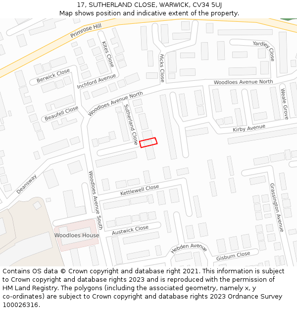 17, SUTHERLAND CLOSE, WARWICK, CV34 5UJ: Location map and indicative extent of plot