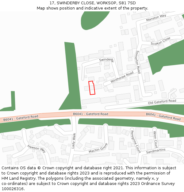 17, SWINDERBY CLOSE, WORKSOP, S81 7SD: Location map and indicative extent of plot