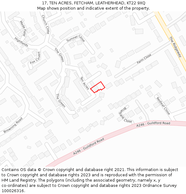 17, TEN ACRES, FETCHAM, LEATHERHEAD, KT22 9XQ: Location map and indicative extent of plot