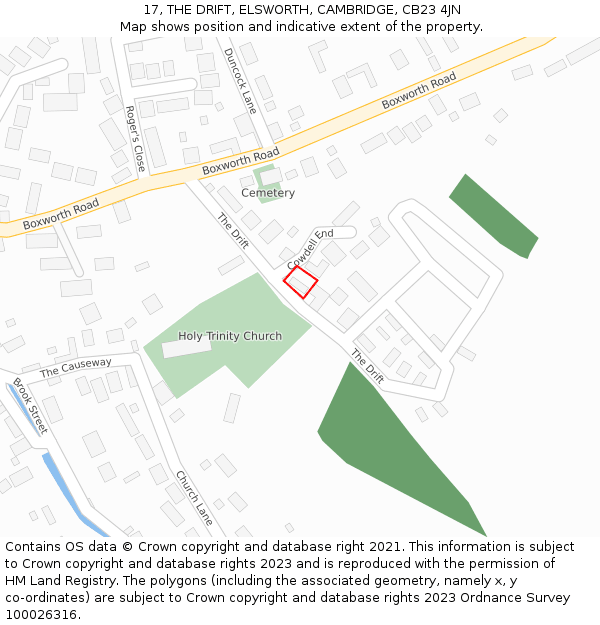 17, THE DRIFT, ELSWORTH, CAMBRIDGE, CB23 4JN: Location map and indicative extent of plot