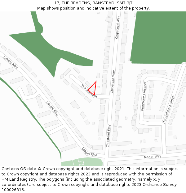 17, THE READENS, BANSTEAD, SM7 3JT: Location map and indicative extent of plot