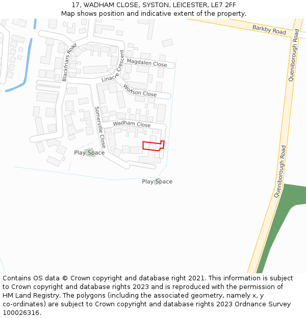 17, WADHAM CLOSE, SYSTON, LEICESTER, LE7 2FF: Location map and indicative extent of plot