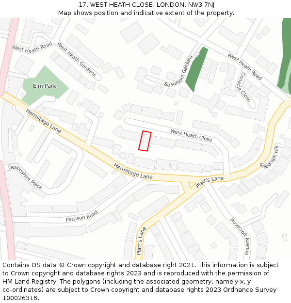 17, WEST HEATH CLOSE, LONDON, NW3 7NJ: Location map and indicative extent of plot