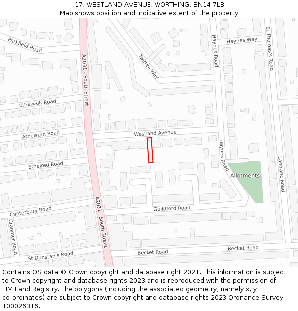 17, WESTLAND AVENUE, WORTHING, BN14 7LB: Location map and indicative extent of plot