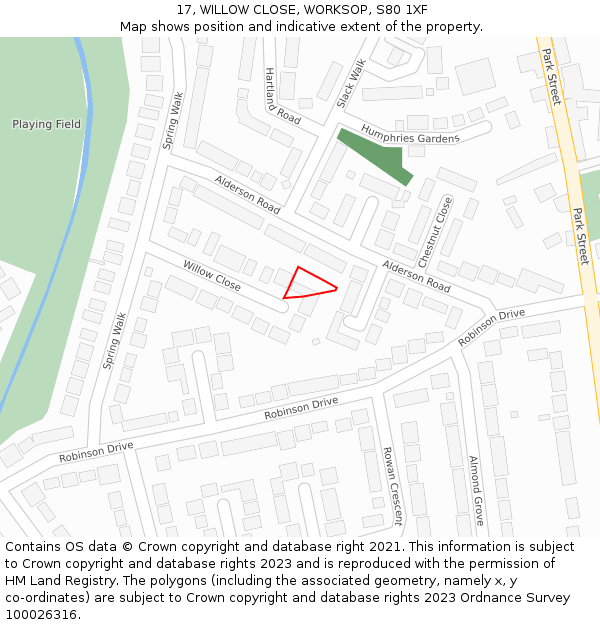 17, WILLOW CLOSE, WORKSOP, S80 1XF: Location map and indicative extent of plot