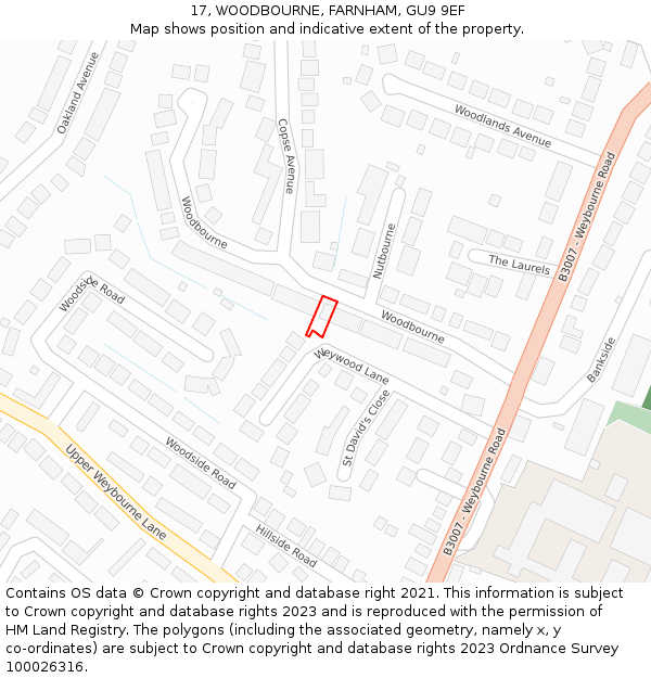 17, WOODBOURNE, FARNHAM, GU9 9EF: Location map and indicative extent of plot