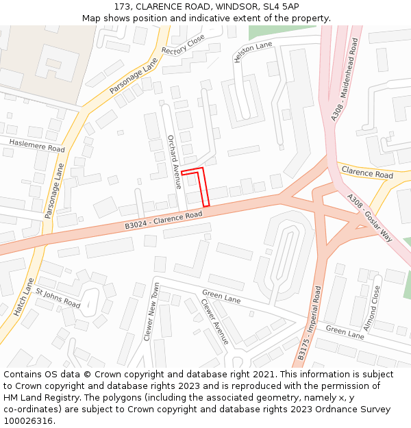 173, CLARENCE ROAD, WINDSOR, SL4 5AP: Location map and indicative extent of plot