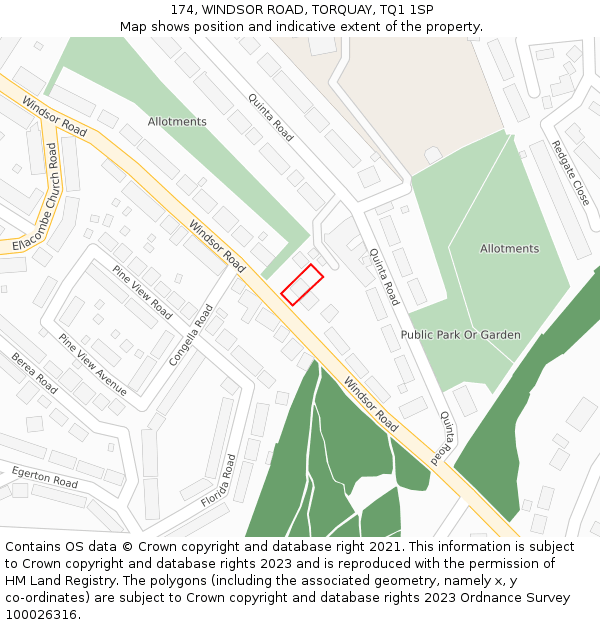 174, WINDSOR ROAD, TORQUAY, TQ1 1SP: Location map and indicative extent of plot