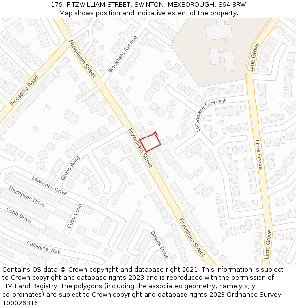 179, FITZWILLIAM STREET, SWINTON, MEXBOROUGH, S64 8RW: Location map and indicative extent of plot