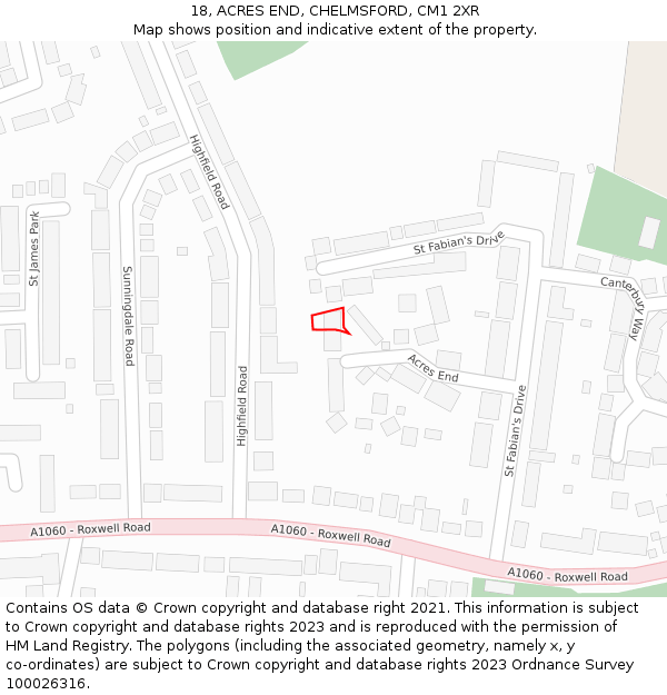 18, ACRES END, CHELMSFORD, CM1 2XR: Location map and indicative extent of plot