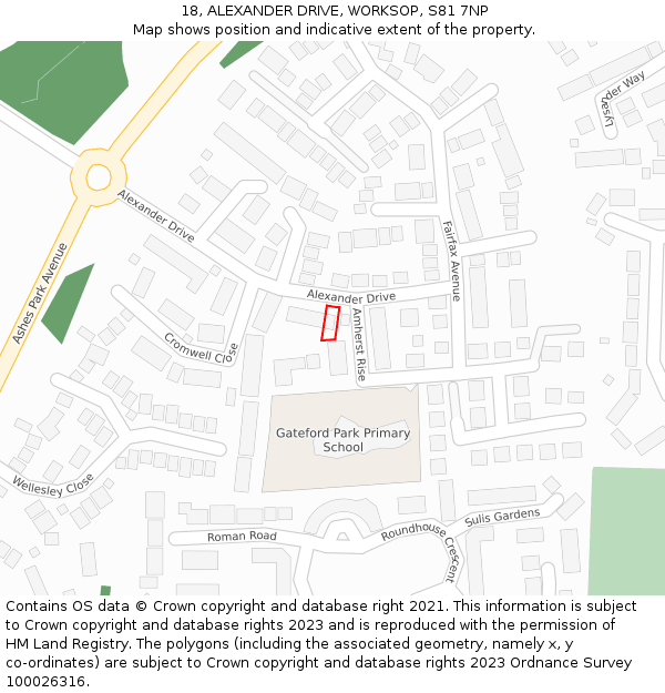 18, ALEXANDER DRIVE, WORKSOP, S81 7NP: Location map and indicative extent of plot