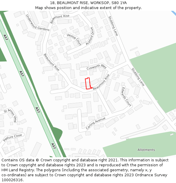 18, BEAUMONT RISE, WORKSOP, S80 1YA: Location map and indicative extent of plot