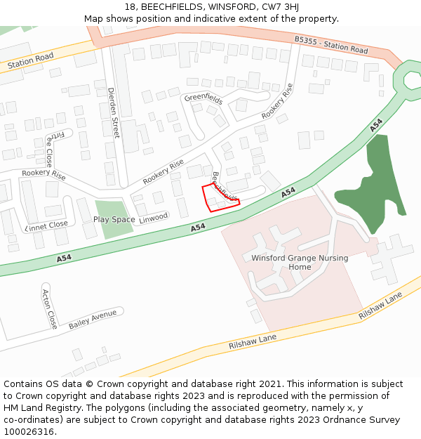 18, BEECHFIELDS, WINSFORD, CW7 3HJ: Location map and indicative extent of plot