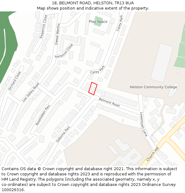 18, BELMONT ROAD, HELSTON, TR13 8UA: Location map and indicative extent of plot