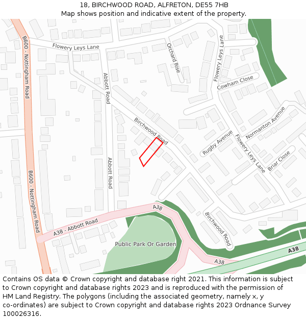 18, BIRCHWOOD ROAD, ALFRETON, DE55 7HB: Location map and indicative extent of plot