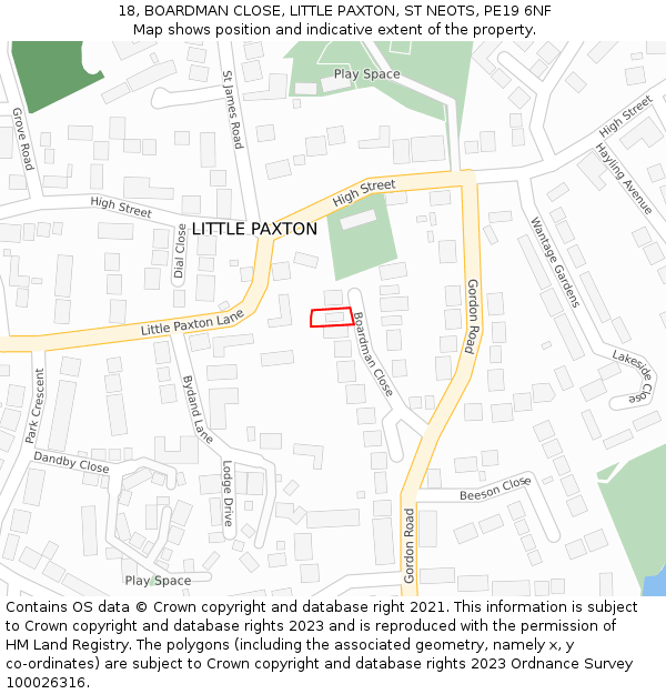 18, BOARDMAN CLOSE, LITTLE PAXTON, ST NEOTS, PE19 6NF: Location map and indicative extent of plot