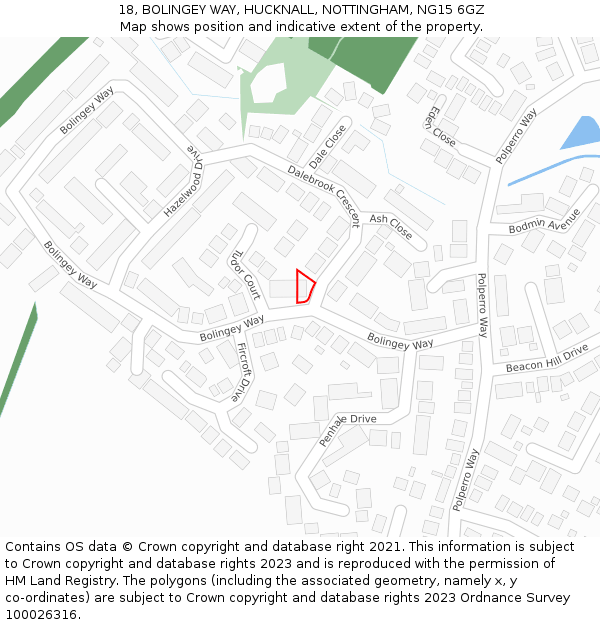 18, BOLINGEY WAY, HUCKNALL, NOTTINGHAM, NG15 6GZ: Location map and indicative extent of plot