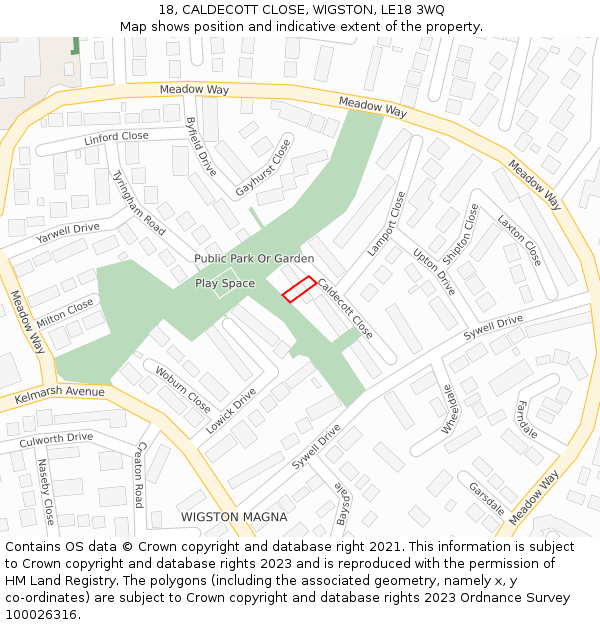 18, CALDECOTT CLOSE, WIGSTON, LE18 3WQ: Location map and indicative extent of plot