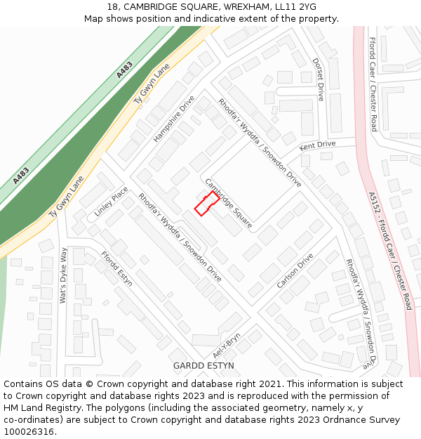 18, CAMBRIDGE SQUARE, WREXHAM, LL11 2YG: Location map and indicative extent of plot