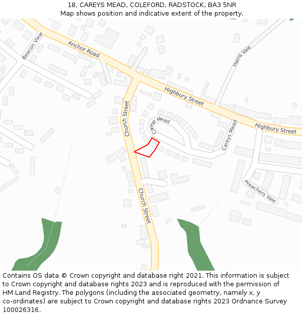 18, CAREYS MEAD, COLEFORD, RADSTOCK, BA3 5NR: Location map and indicative extent of plot