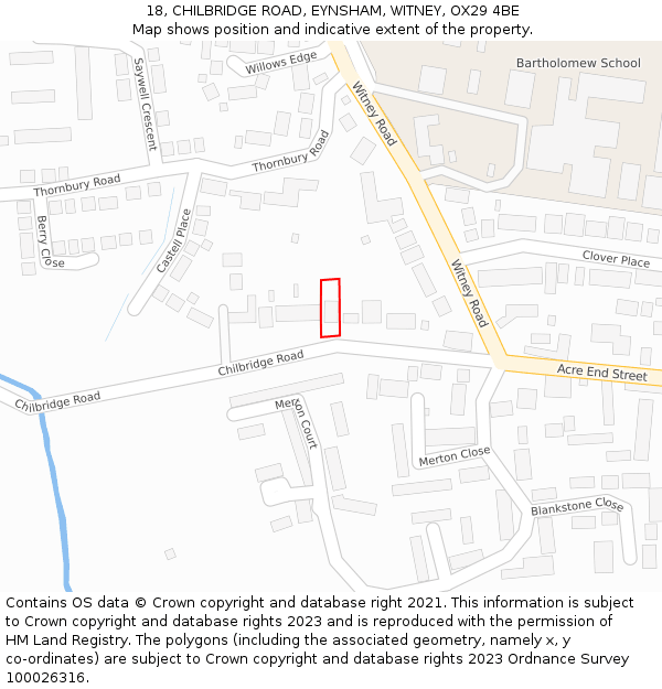 18, CHILBRIDGE ROAD, EYNSHAM, WITNEY, OX29 4BE: Location map and indicative extent of plot