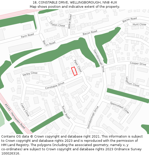 18, CONSTABLE DRIVE, WELLINGBOROUGH, NN8 4UX: Location map and indicative extent of plot