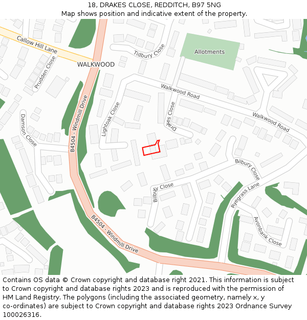 18, DRAKES CLOSE, REDDITCH, B97 5NG: Location map and indicative extent of plot