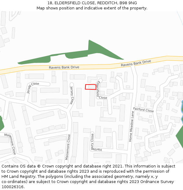 18, ELDERSFIELD CLOSE, REDDITCH, B98 9NG: Location map and indicative extent of plot