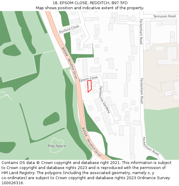 18, EPSOM CLOSE, REDDITCH, B97 5FD: Location map and indicative extent of plot