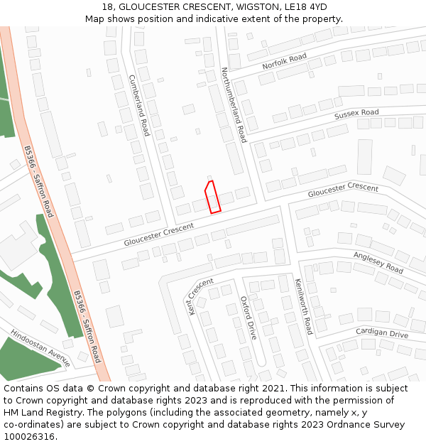 18, GLOUCESTER CRESCENT, WIGSTON, LE18 4YD: Location map and indicative extent of plot