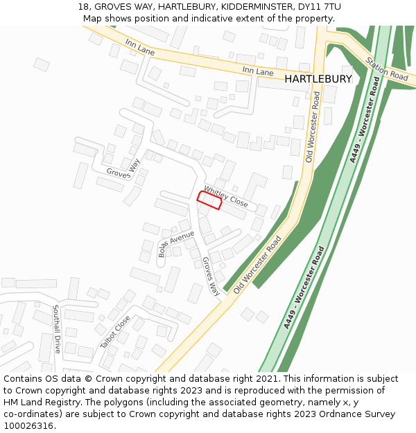 18, GROVES WAY, HARTLEBURY, KIDDERMINSTER, DY11 7TU: Location map and indicative extent of plot