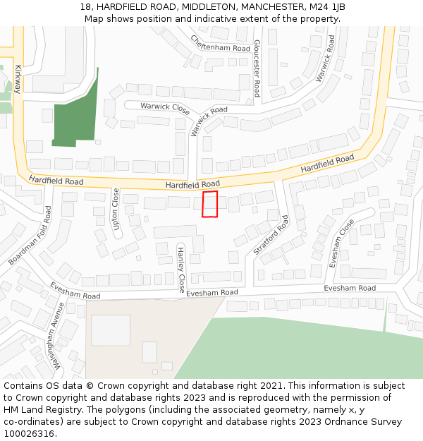 18, HARDFIELD ROAD, MIDDLETON, MANCHESTER, M24 1JB: Location map and indicative extent of plot