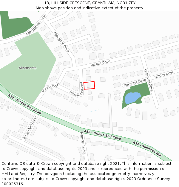 18, HILLSIDE CRESCENT, GRANTHAM, NG31 7EY: Location map and indicative extent of plot