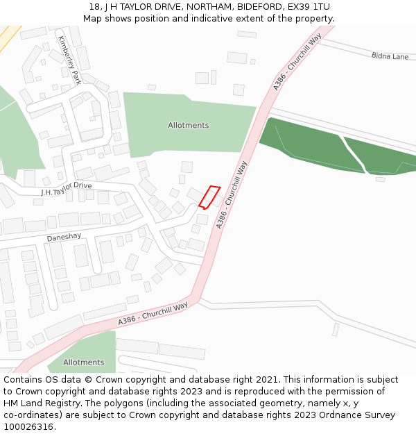 18, J H TAYLOR DRIVE, NORTHAM, BIDEFORD, EX39 1TU: Location map and indicative extent of plot