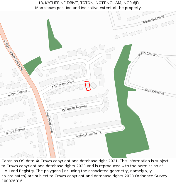 18, KATHERINE DRIVE, TOTON, NOTTINGHAM, NG9 6JB: Location map and indicative extent of plot