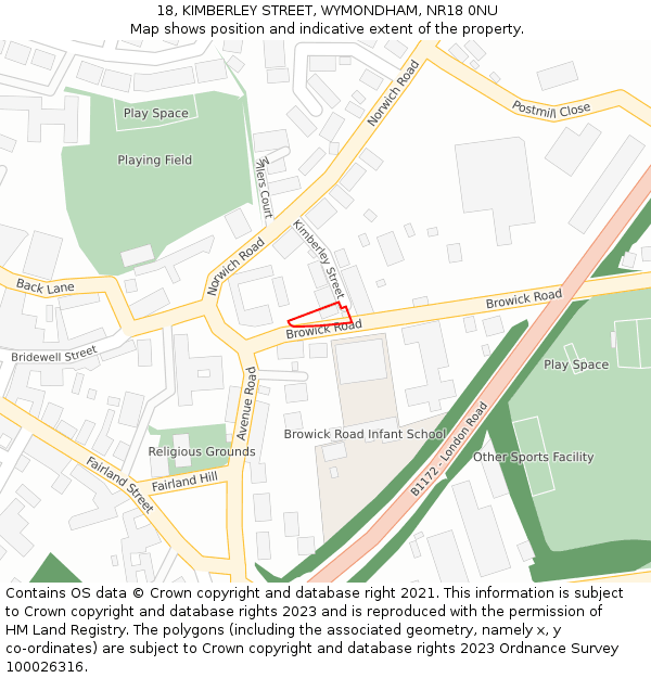 18, KIMBERLEY STREET, WYMONDHAM, NR18 0NU: Location map and indicative extent of plot