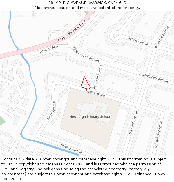 18, KIPLING AVENUE, WARWICK, CV34 6LD: Location map and indicative extent of plot