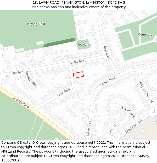 18, LAWN ROAD, PENNINGTON, LYMINGTON, SO41 8HG: Location map and indicative extent of plot