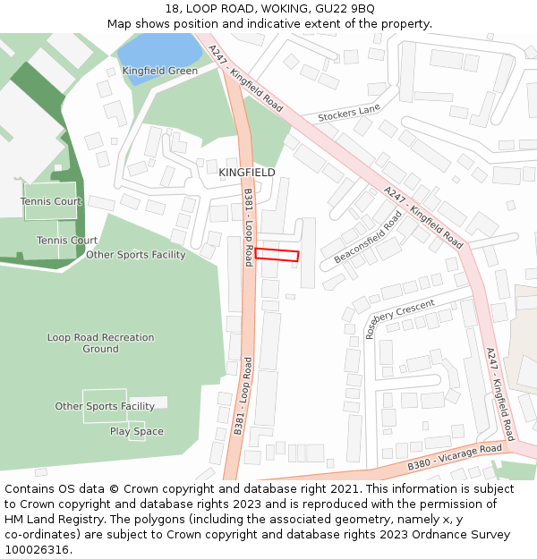 18, LOOP ROAD, WOKING, GU22 9BQ: Location map and indicative extent of plot