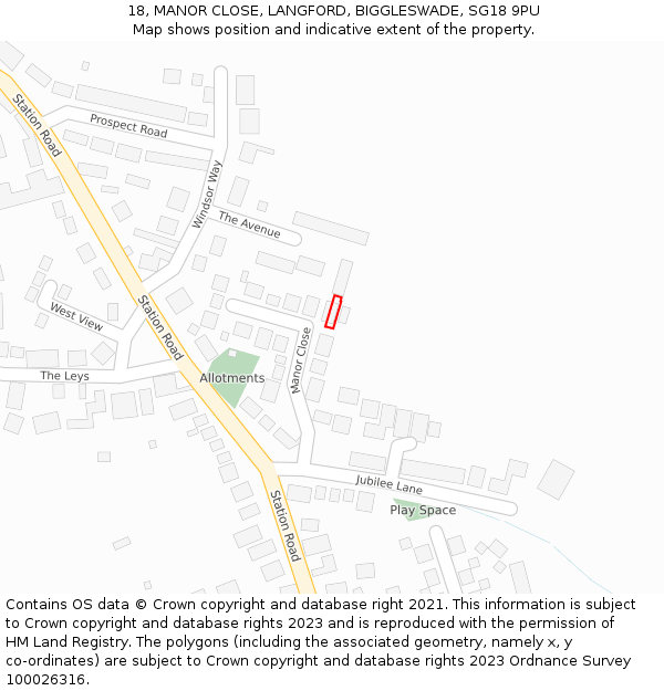 18, MANOR CLOSE, LANGFORD, BIGGLESWADE, SG18 9PU: Location map and indicative extent of plot