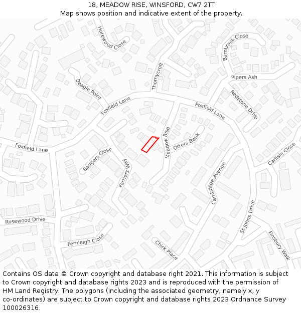 18, MEADOW RISE, WINSFORD, CW7 2TT: Location map and indicative extent of plot