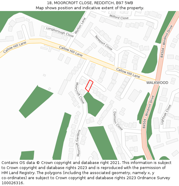 18, MOORCROFT CLOSE, REDDITCH, B97 5WB: Location map and indicative extent of plot