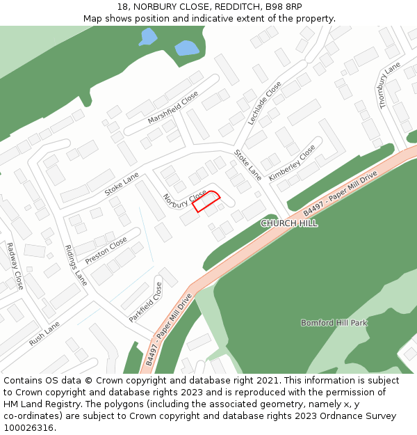 18, NORBURY CLOSE, REDDITCH, B98 8RP: Location map and indicative extent of plot