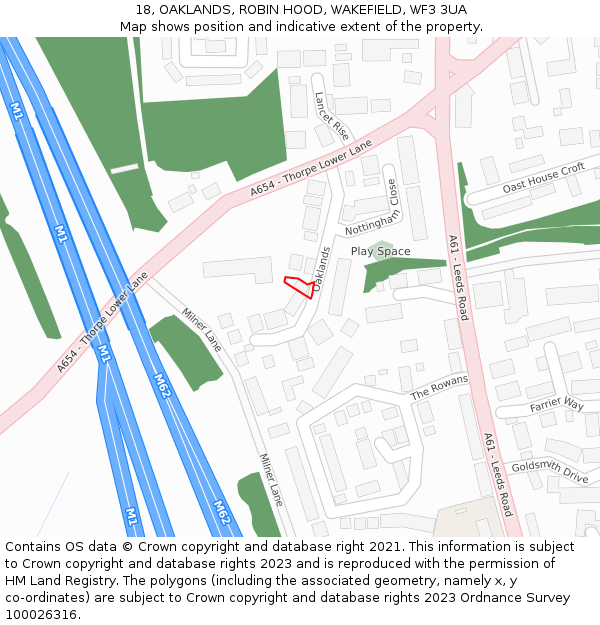 18, OAKLANDS, ROBIN HOOD, WAKEFIELD, WF3 3UA: Location map and indicative extent of plot