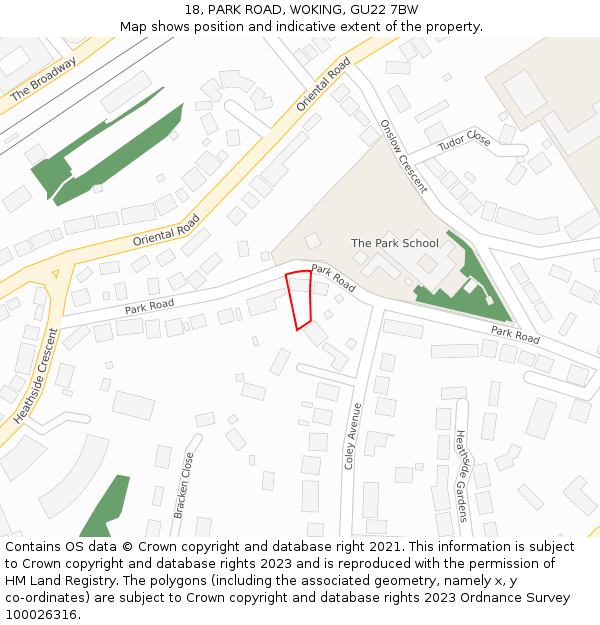 18, PARK ROAD, WOKING, GU22 7BW: Location map and indicative extent of plot