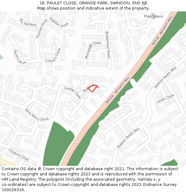 18, PAULET CLOSE, GRANGE PARK, SWINDON, SN5 6JE: Location map and indicative extent of plot