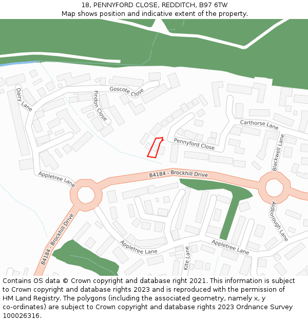 18, PENNYFORD CLOSE, REDDITCH, B97 6TW: Location map and indicative extent of plot