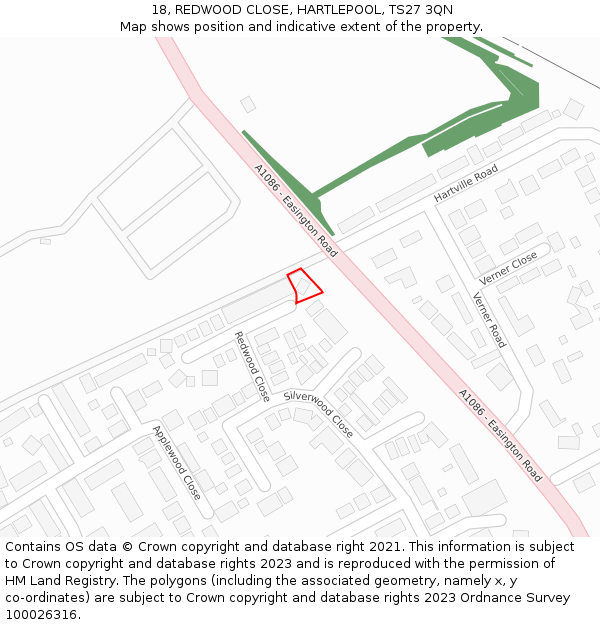 18, REDWOOD CLOSE, HARTLEPOOL, TS27 3QN: Location map and indicative extent of plot